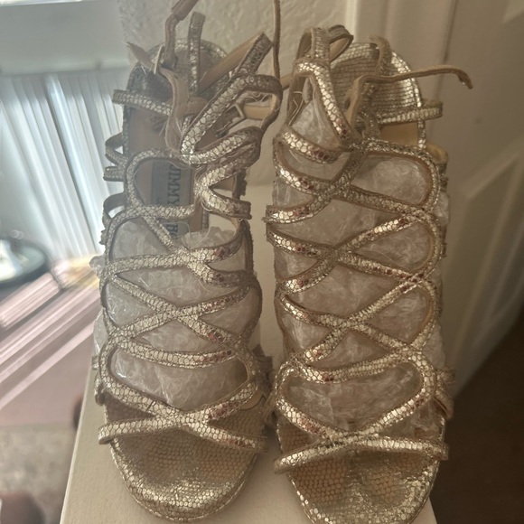 Jimmy Choo Shimmering Gold Metallic python Strappy Heels w/dust bag - Picture 4 of 10